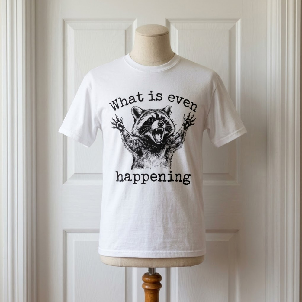What Is Even Happening Screaming Raccoon White Sarcastic Meme Graphic T-Shirt